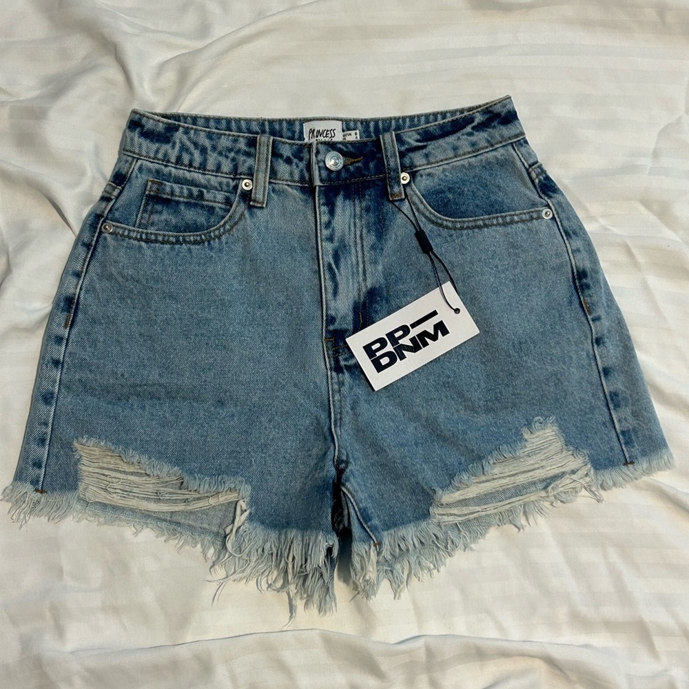 Princess Polly Light Blue High-Waist Distressed Denim Jean Shorts - Picture 2 of 8